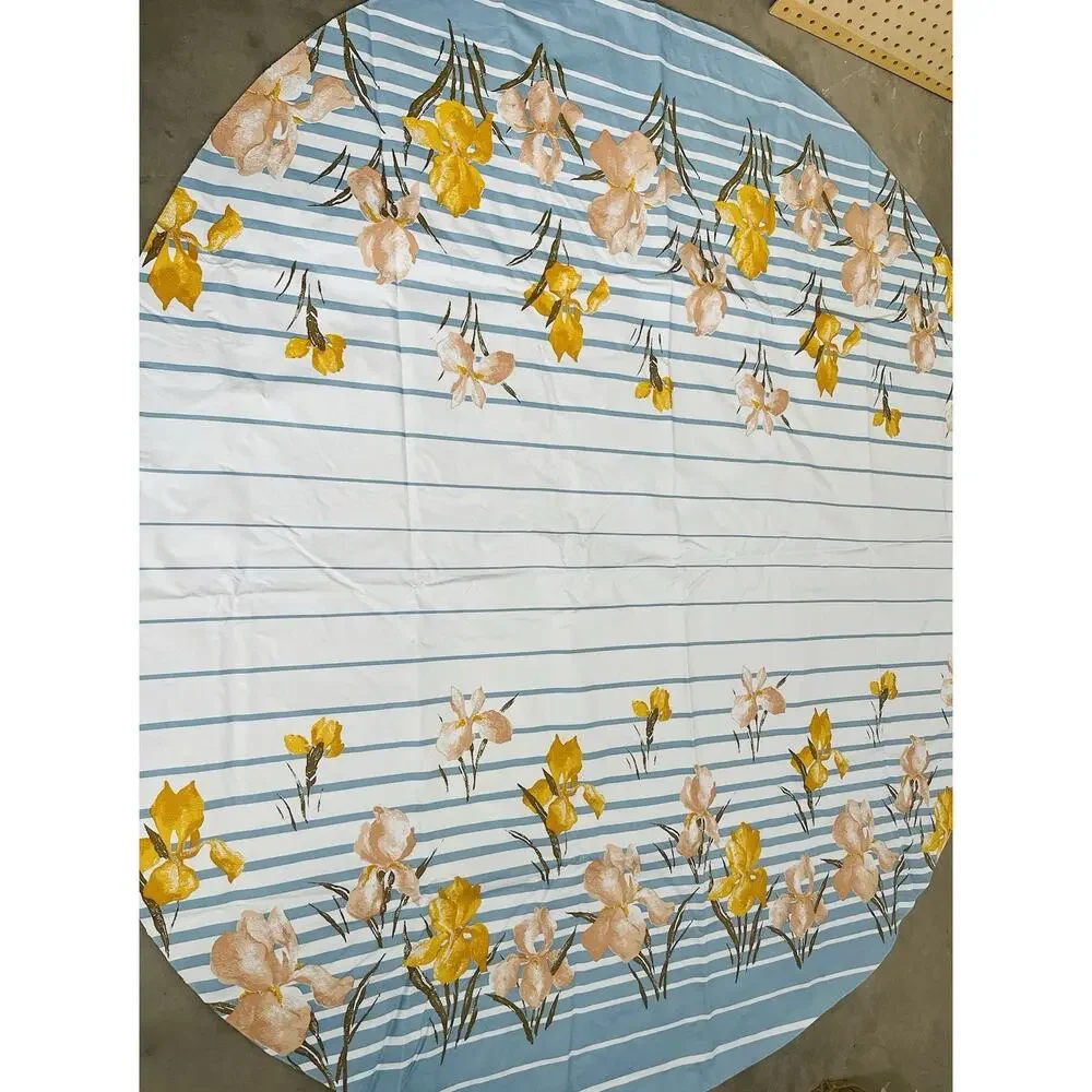 Vinyl Flannel Back Tablecloth Round IRIS FLOWER Yellow Pink Blue Stripes Vintage